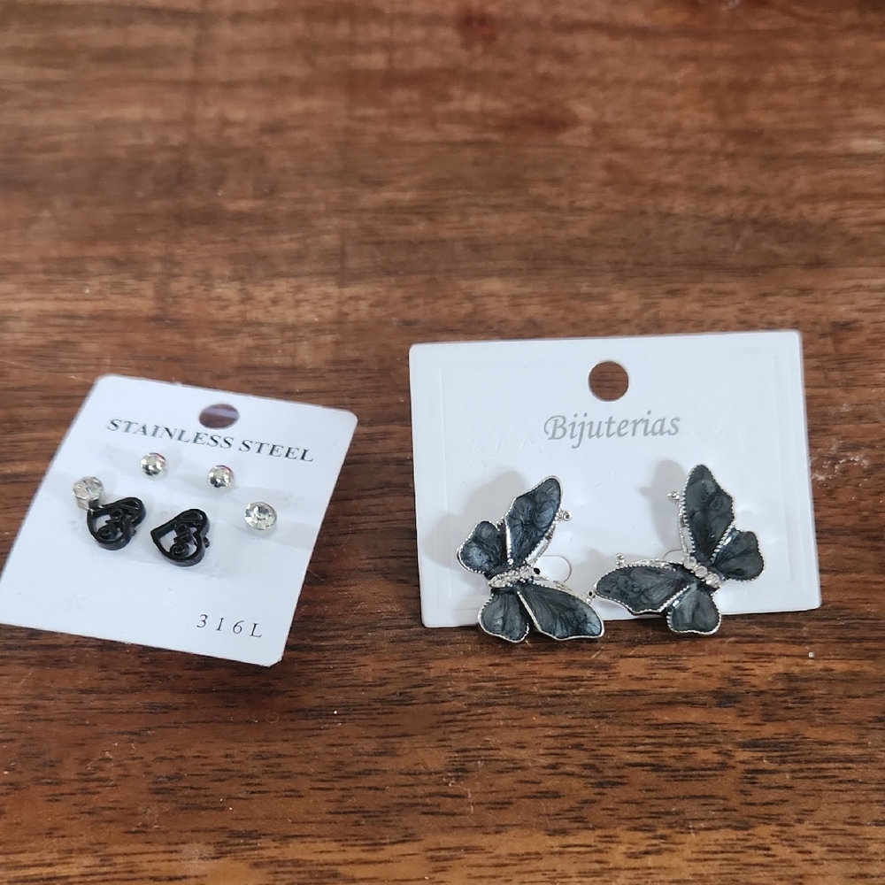 Fashion Jewelry Black and Silver Butterfly Earrings Set